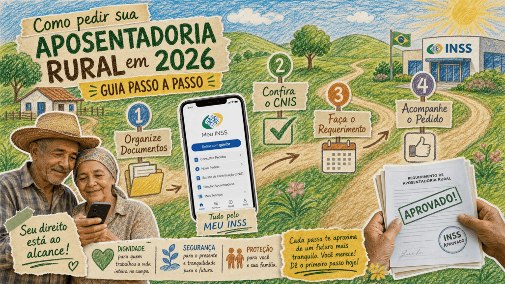 Guia passo a passo de como dar entrada na aposentadoria rural em 2026 pelo aplicativo Meu INSS: organizar documentos, conferir o CNIS, fazer o requerimento e acompanhar o pedido