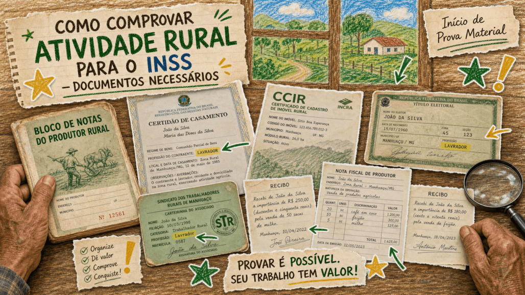 Documentos aceitos como início de prova material para comprovar atividade rural ao INSS: bloco de notas do produtor, CCIR, certidão de casamento, título de eleitor e notas fiscais