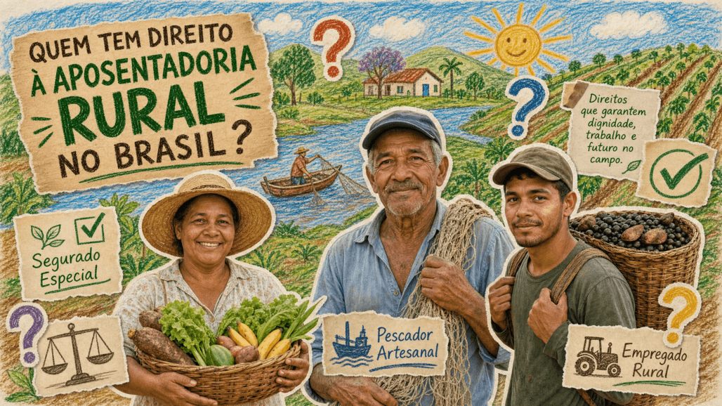 Trabalhadores rurais — agricultora familiar, pescador artesanal e empregado rural — representando quem tem direito à aposentadoria rural no Brasil em 2026