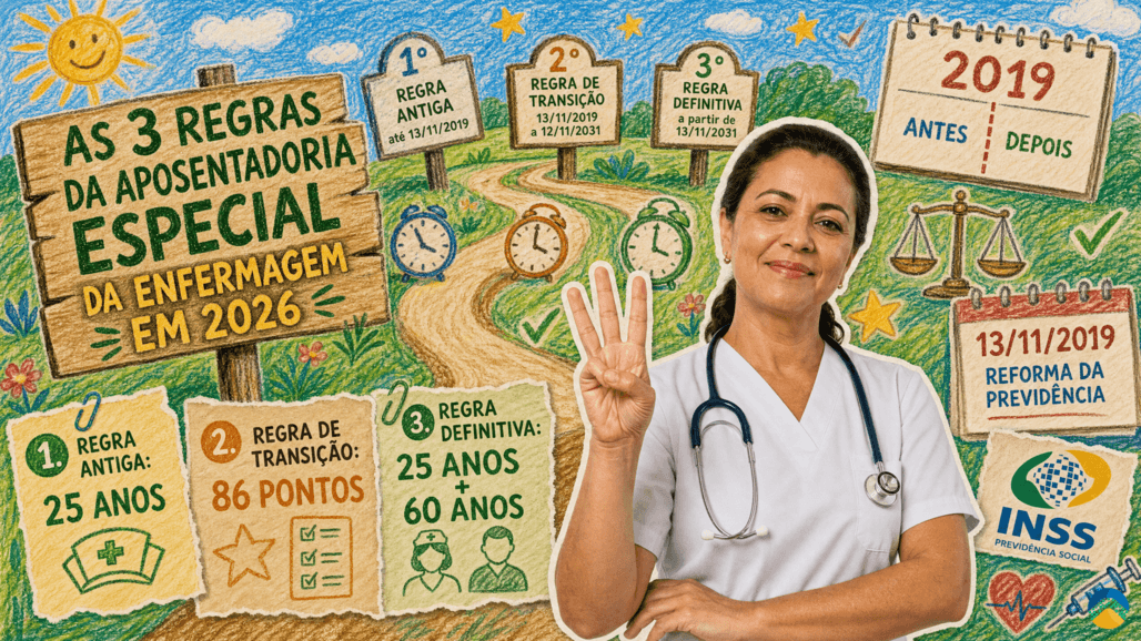 As três regras da aposentadoria especial da enfermagem em 2026: regra antiga, regra de transição com 86 pontos e regra definitiva